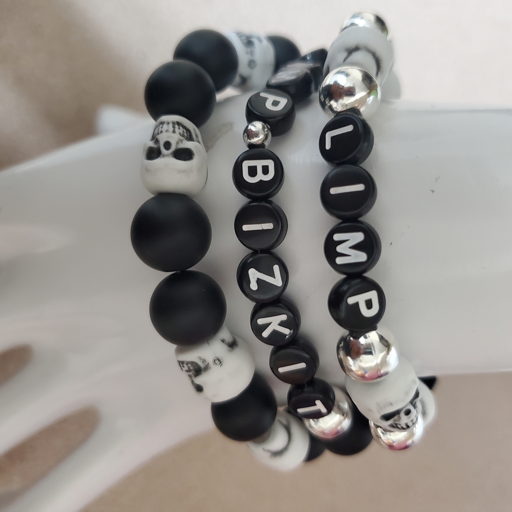 Black and White Skull Beaded Bracelets Limpbizkit Fans Set Of 3 Men